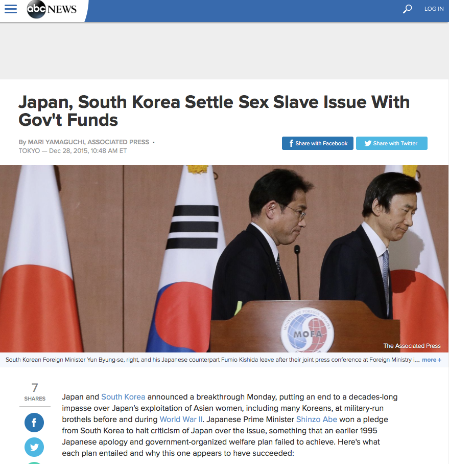 Japan, South Korea Settle Sex Slave Issue With Gov't Funds By MARI YAMAGUCHI, ASSOCIATED PRESS